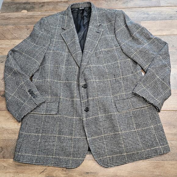 Bill Blass Blazer Mens 48R 100% Camel Hair Suit Jacket Houndstooth Corpcore Vtg